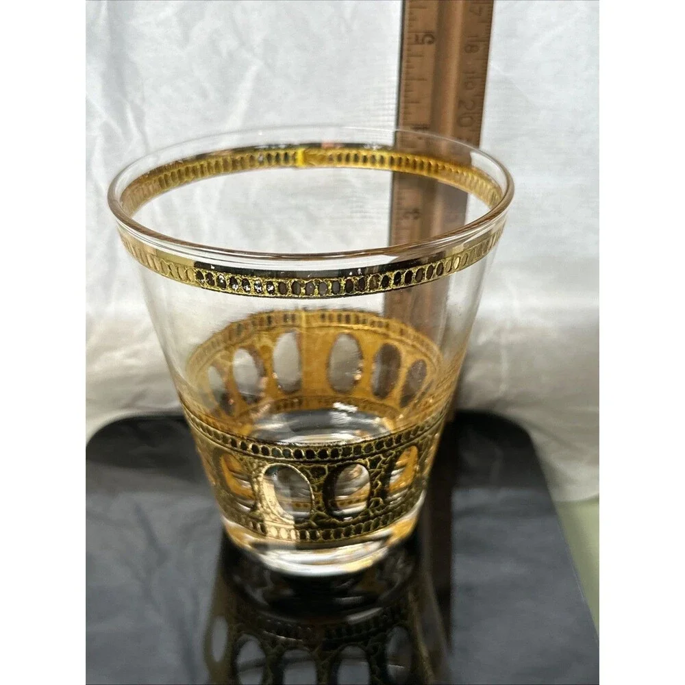 Culver LTD 22K Gold Roman Arch Lowball Glass 4” Mid Century Barware Heavy Base